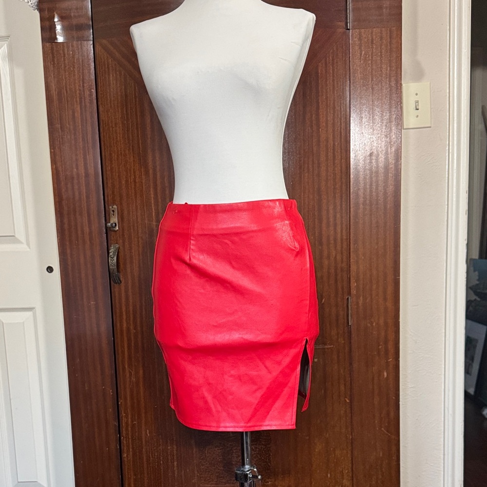 Fire engine red faux leather miniskirt